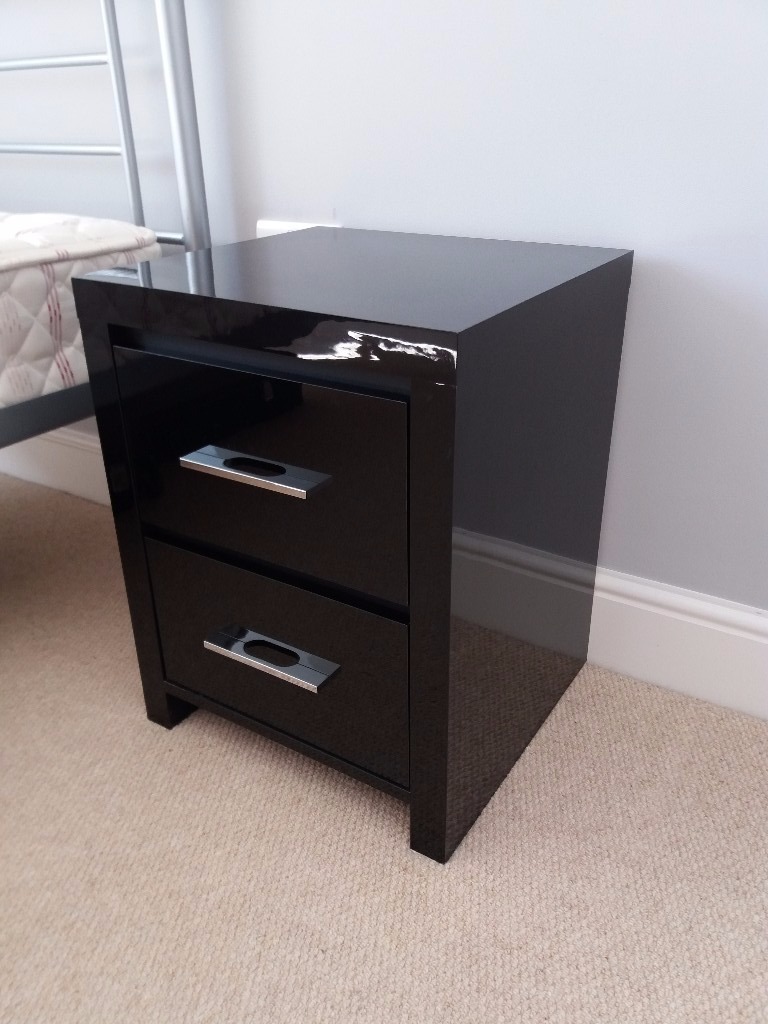 Next Black Gloss Bedside Tables Pair and Black Gloss Mirror in