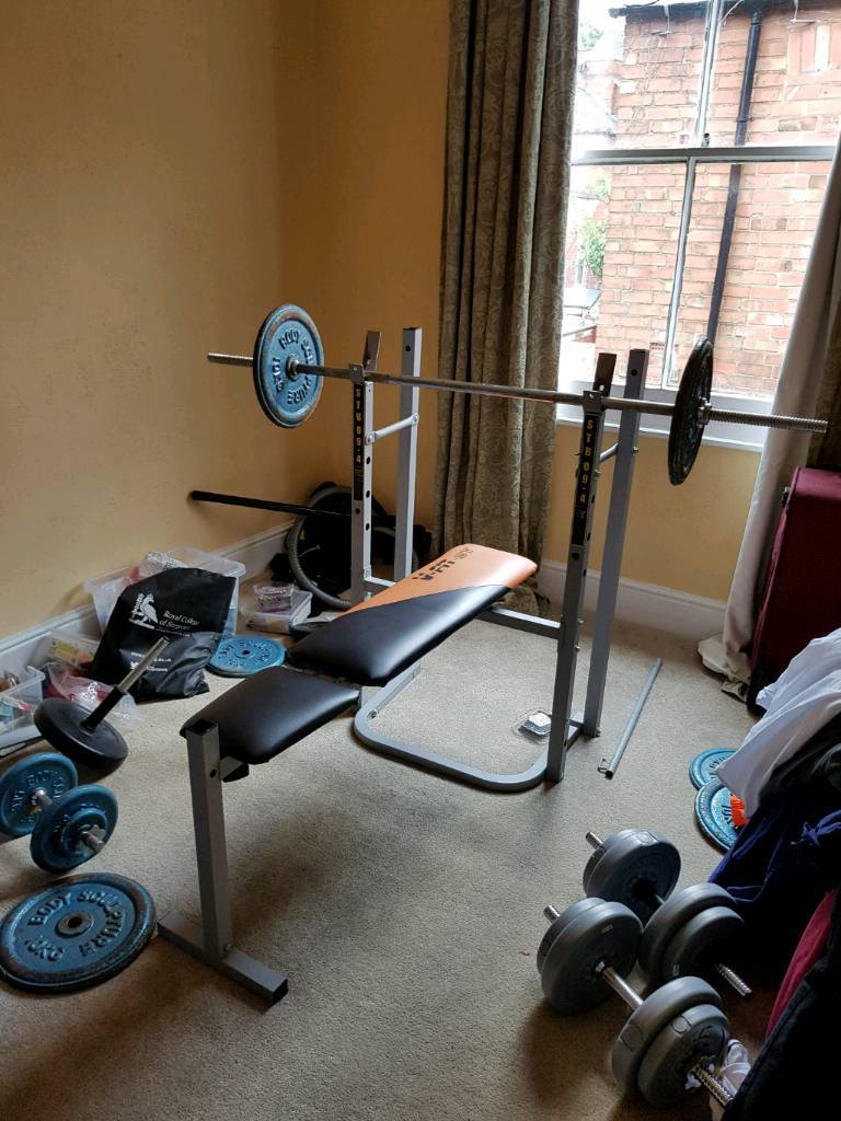 Home gym bench press + squat rack + lat & quad & preacher extension
