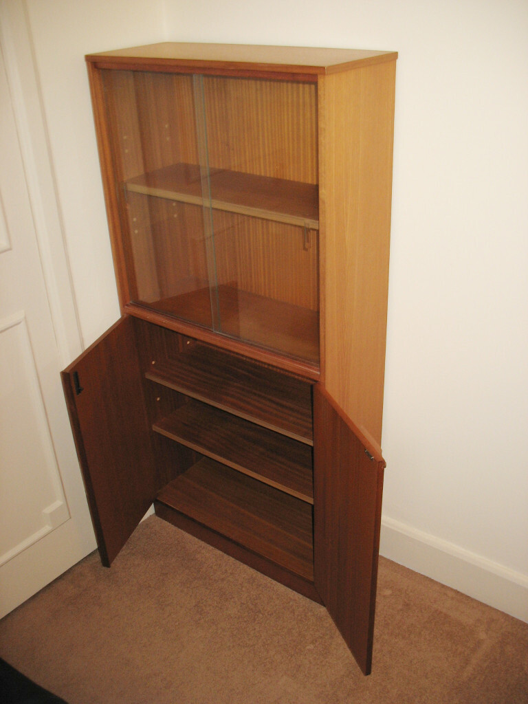 Book case, wall unit, display teak, sliding glass doors