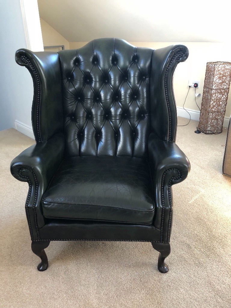Chesterfield Queen Anne leather wing back chair in North Shields