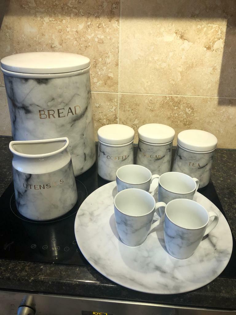  Grey  White Marble  Kitchen  Canister Jar Set  with Bread 