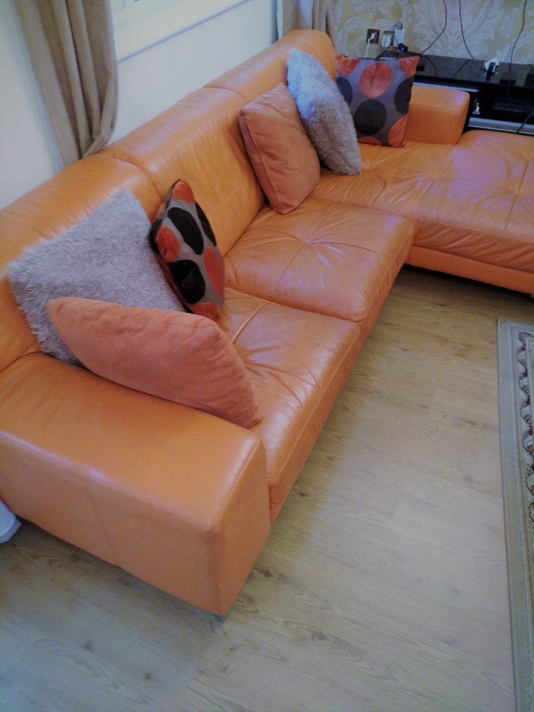 Ex Dfs Orange Leather Corner Sofa In Perfect Condition In Worsley