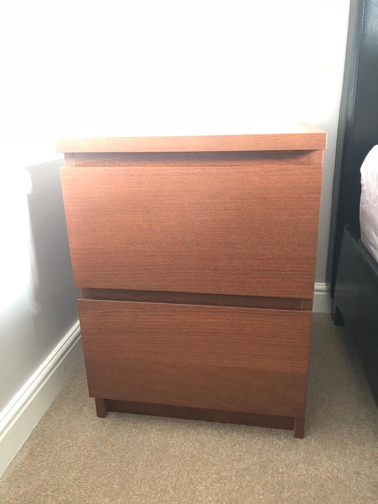 Two Dark Wood Walnut Ikea Bedside Drawers Unit Malm In East
