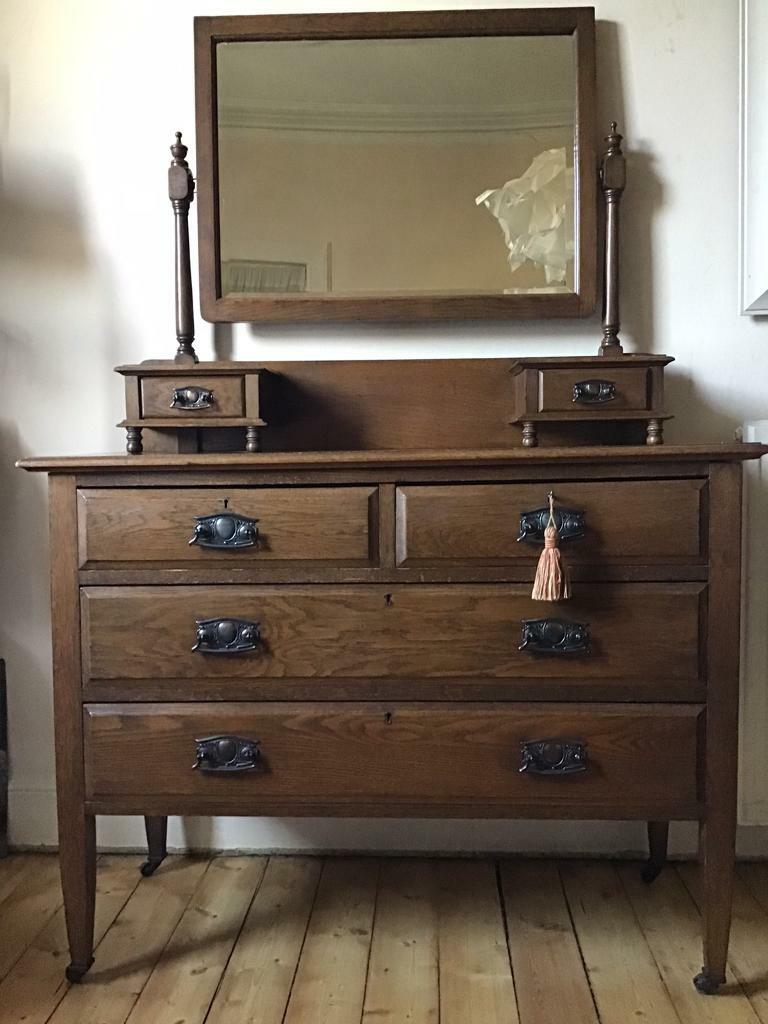 Antique Edwardian Solid Oak Dressing Table with Mirror in