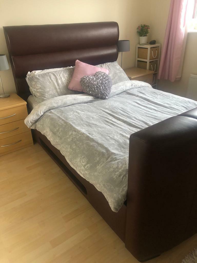 Brown leather double TV bed (excluding TV) in Swindon, Wiltshire