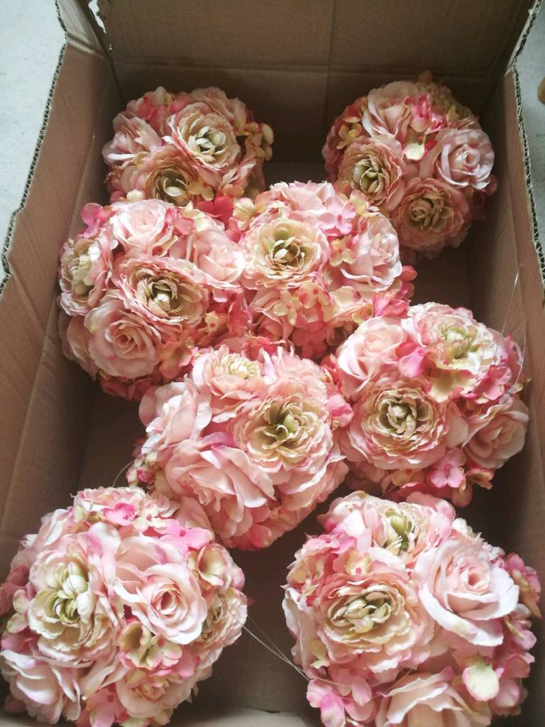 8 x Wedding blush pink artificial flower balls with cream shepherd