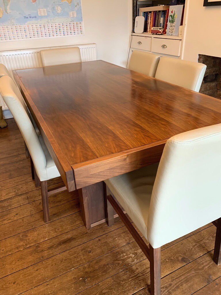 100 Ono Six Seater Walnut Dining Room Table With Comfy Chairs