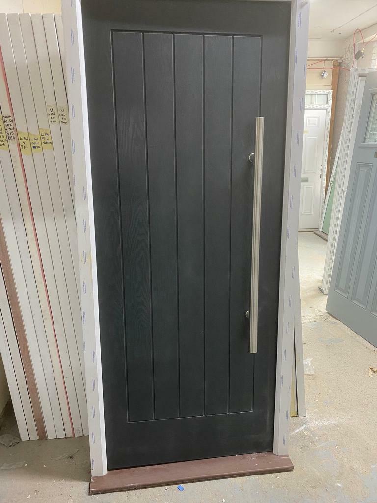 Modern Anthracite solid core composite door long bar handle in