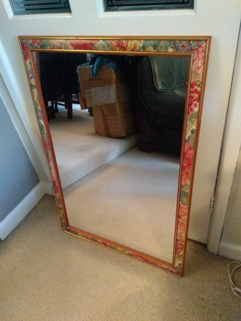 Large Vintage Wood Framed Rectangular Mirror with Flower Border Design
