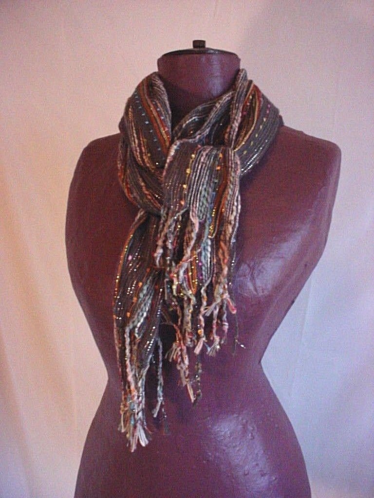Grey Striped Boho Scarf with Multi Color Metallic Threading N1211 Gypsy