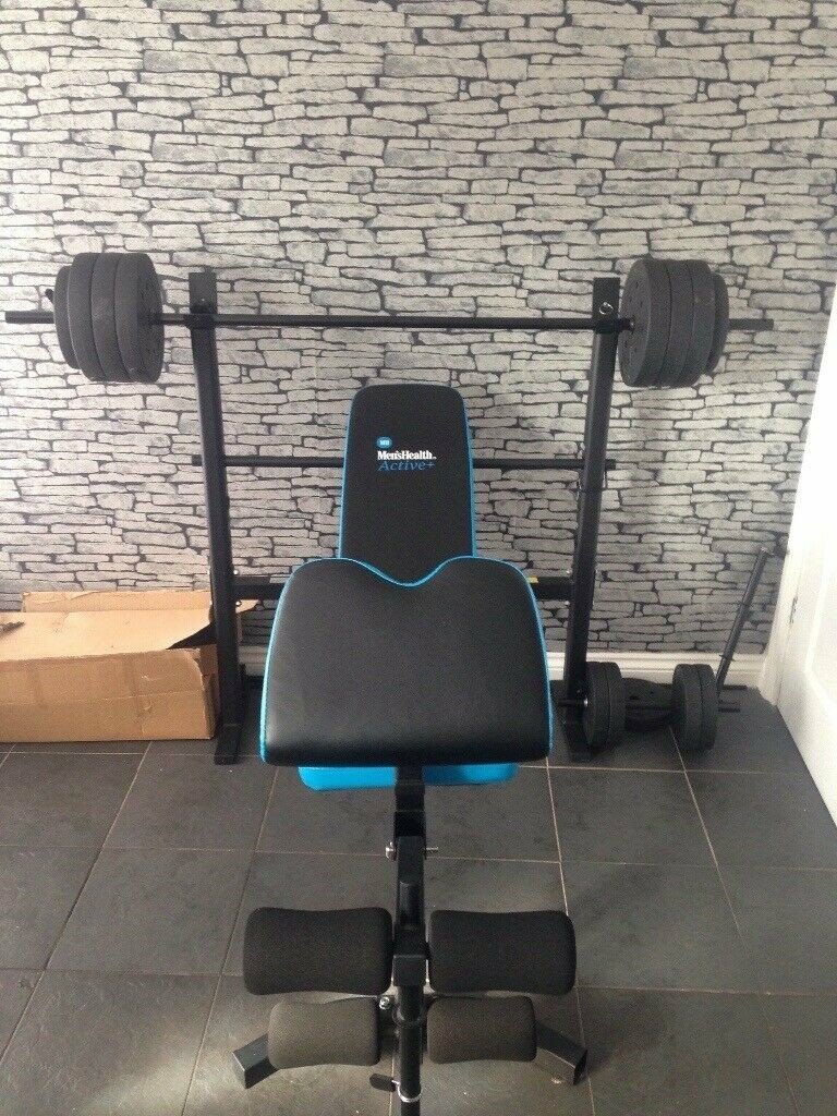 Weights. Weight bench (folds up to stand stand upright saving space
