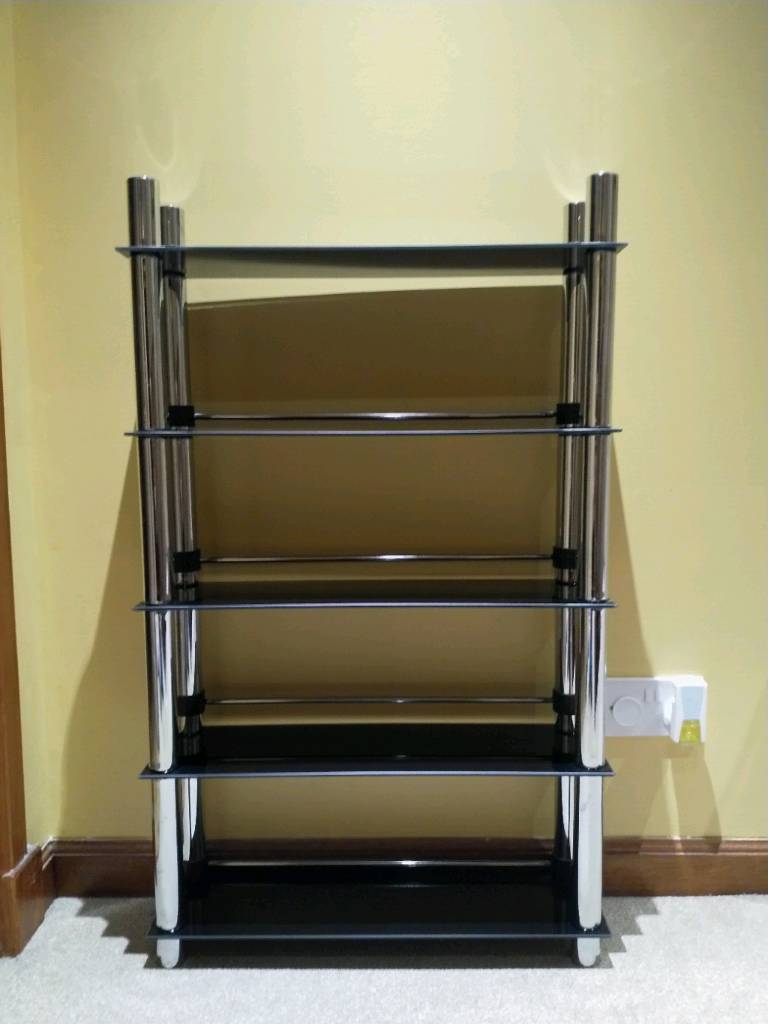 5 Tier Black Glass & Chrome Storage Unit CD DVD Shelving in