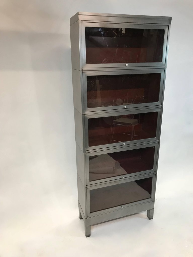 Tall Industrial Mid Century Six Stack Brushed Steel Barrister Bookcase