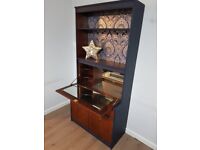 Vintage Mid Century Bookcase Cupboard + Hidden pull down Drinks Cabinet NAVY blue Boho