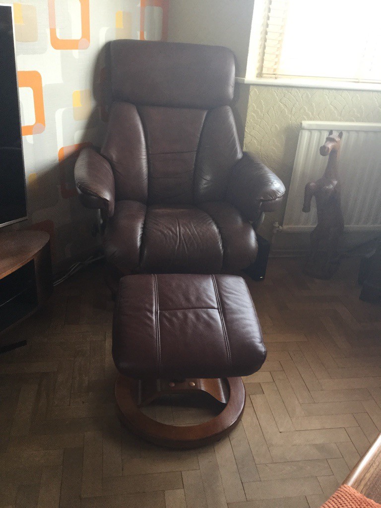 Swedish style leather recliner and footstool in Leicester
