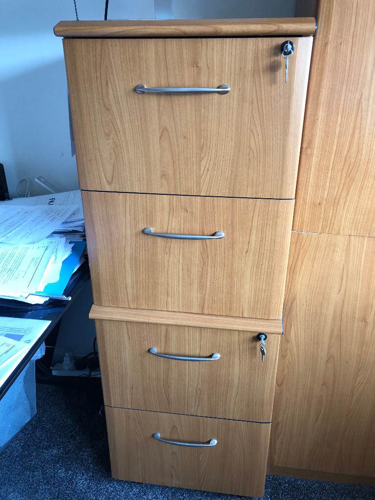 4 drawer wooden not metal locking filing + 60 files on castors lockable 2 x 2 drawer