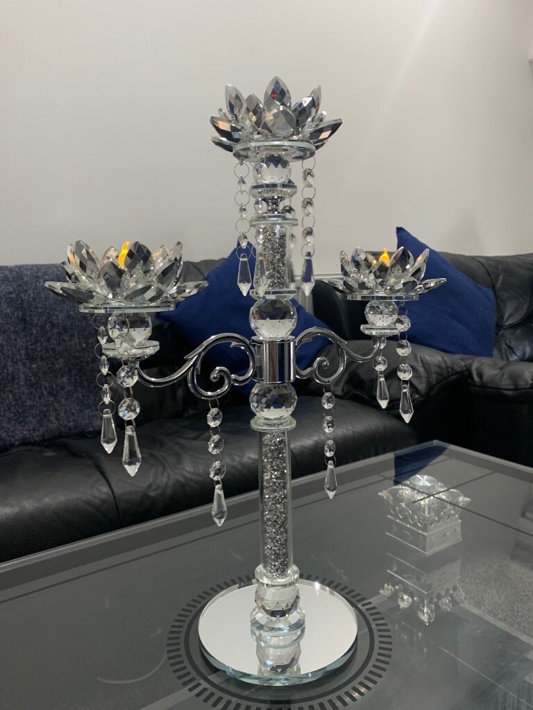 Beautiful Crushed Diamond Candelabra/Candle Holder + Electric/Real