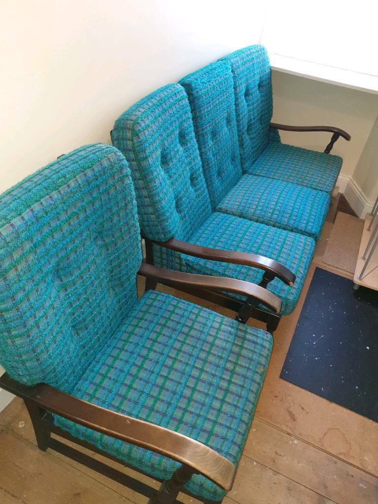 Free Vintage Retro Wooden Frame Turquoise Blue 3 Seater Sofa