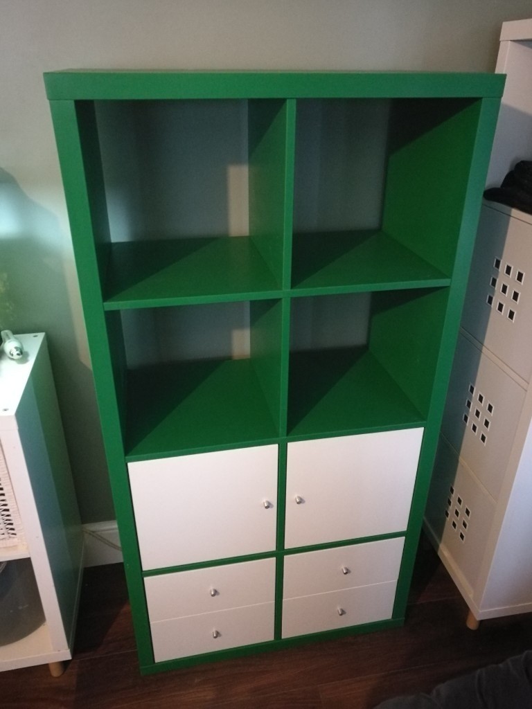 IKEA Kallax shelving, green with white door & drawer inserts in