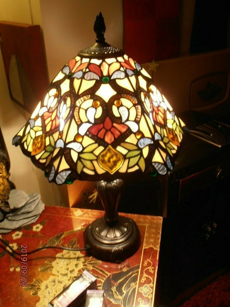 Lge Tiffany Style Real Stained Glass Lamp, Twin Bulb, QVC "GEMS" with