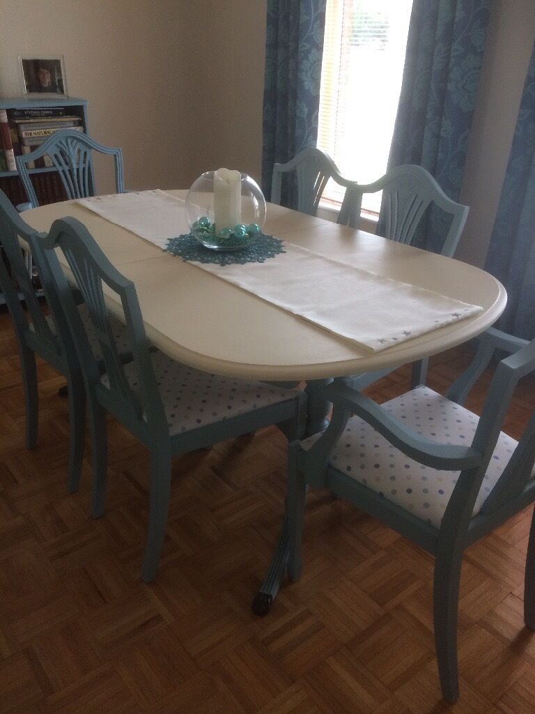 Upcycled Solid Wood Dining Table With 6 Matching Chairs In