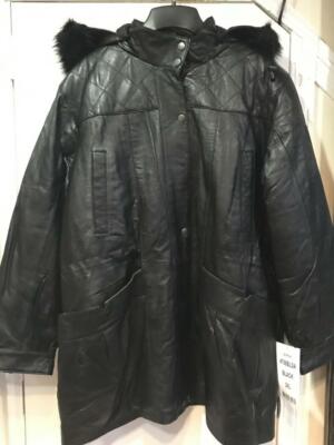 Pre-owned Midnight Velvet Women's Winter Church 100% Lambskin Leather Hooded Faux Fur Jacket Coat Plus 3xl In Black