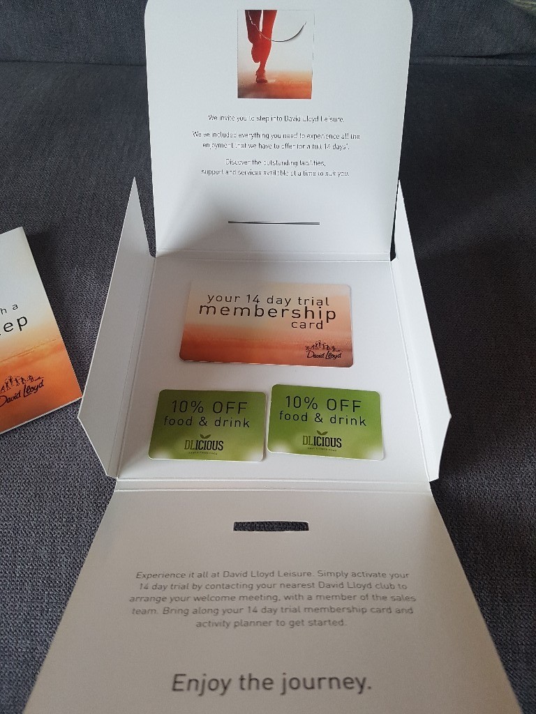 David Lloyd 14 day trial membership pass. Plus two x 10 off food