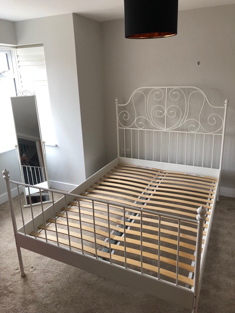 Cream metal double bed frame with mattress and extra memory foam