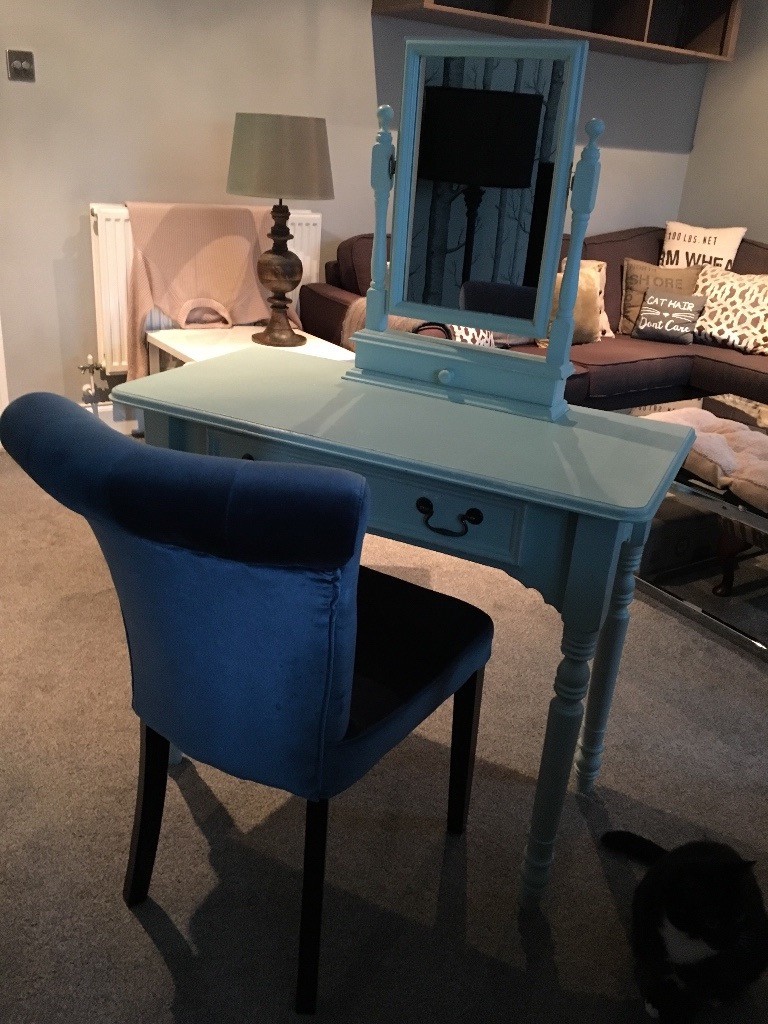 Light blue wood dressing table with mirror , chair and bedside in Gloucestershire