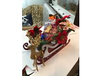 CHRISTMAS SLEIGH.HAND CRAFTED IN MDF WITH ROBIN & SACK FULL OF ROSE/LAVENDER POT POURRI SCENTED OIL 