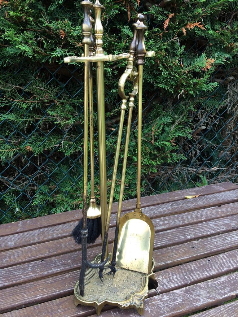 Vintage Large Fireside Companion Set Heavy Brass Open Fire Tools in