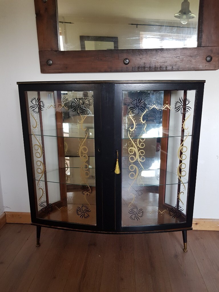 Vintage Slimline Glass Cocktail Drinks Display Cabinet Black