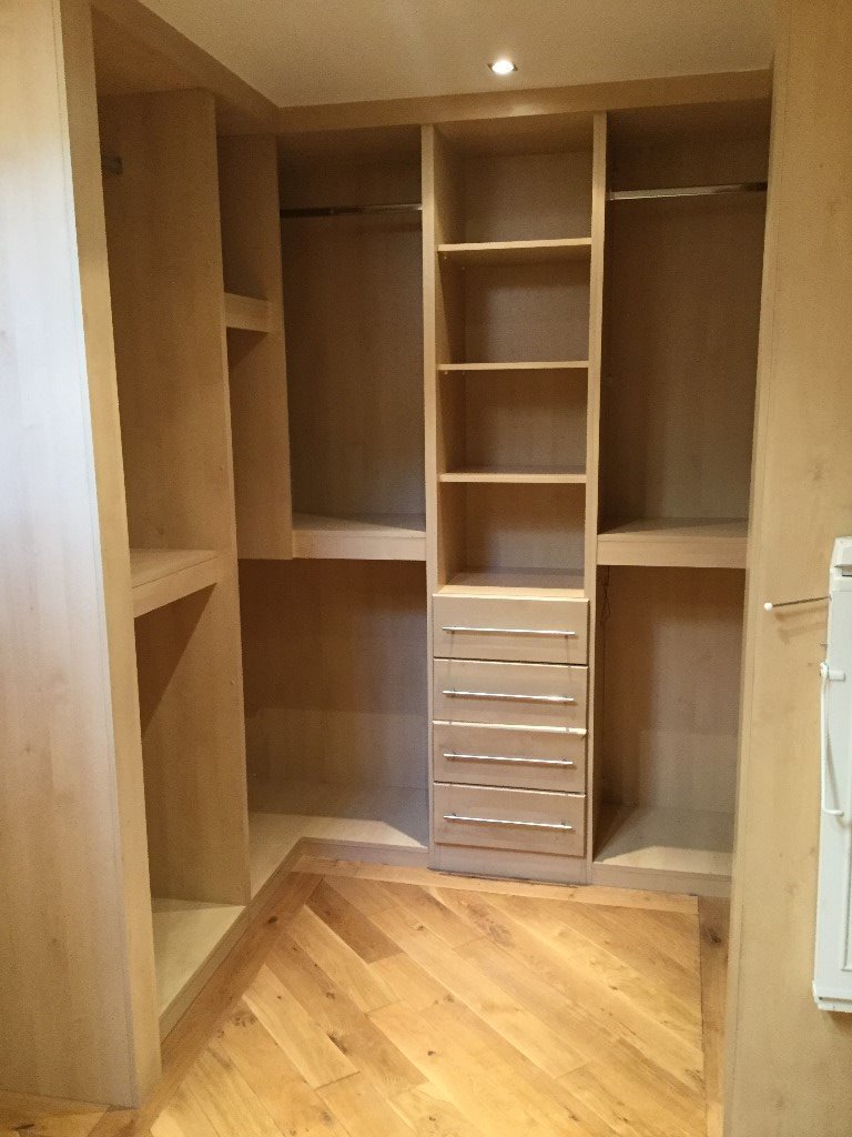 Complete fitted dressing area shelves and wardrobes in Hale Barns