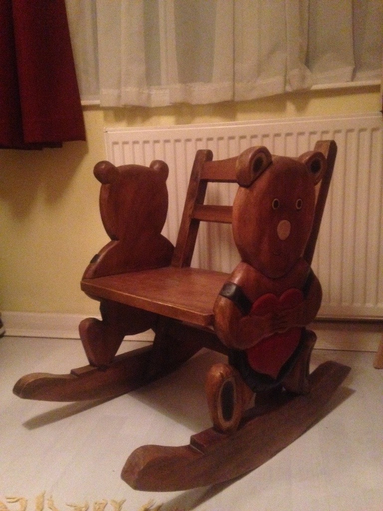 Children's Antique Pine Rocking Chair & Hand Carved Bear RRP £120 in