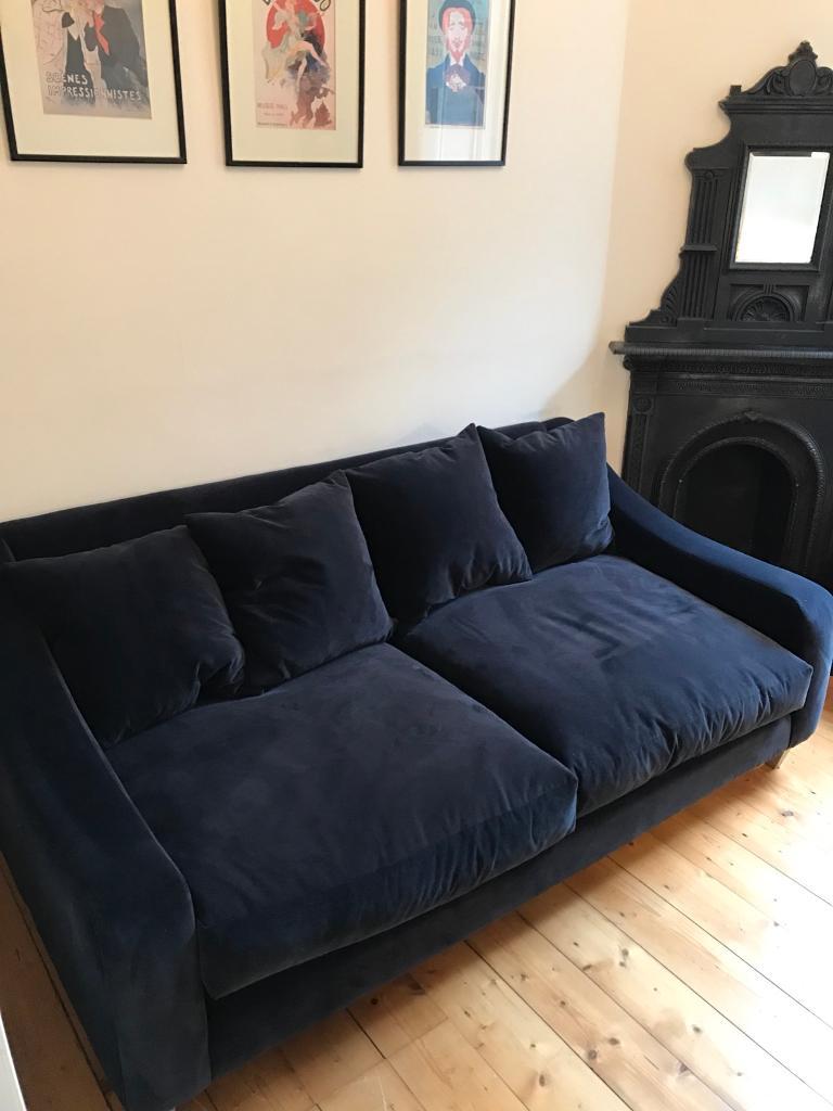 Medium navy blue velvet sofa (matching footstool available) in