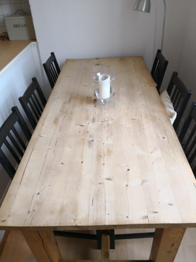 Large wooden chunky rustic Country style dining table with six chairs