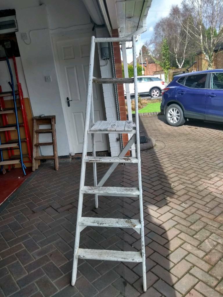 VINTAGE PAINTED WOODEN STEP LADDERS with paint tray in Sutton