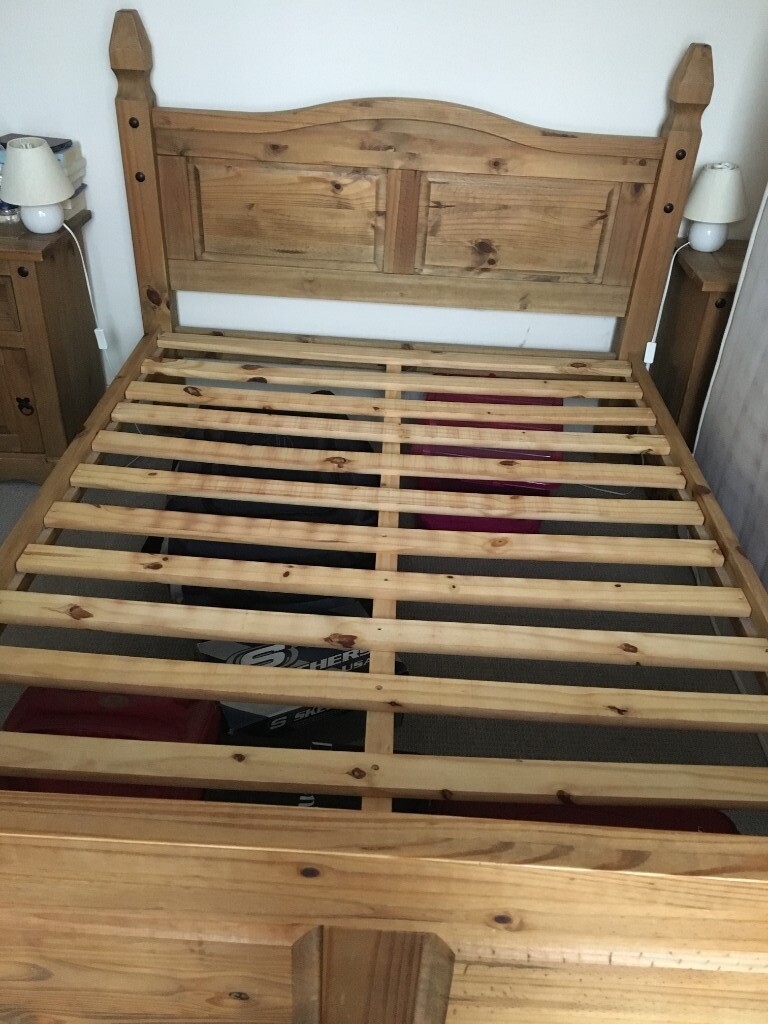 Mexican pine double bed frame with matching bedside tables in