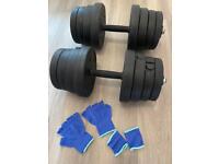 2x15kg dumbbells with gym gloves. Free weight snshah 