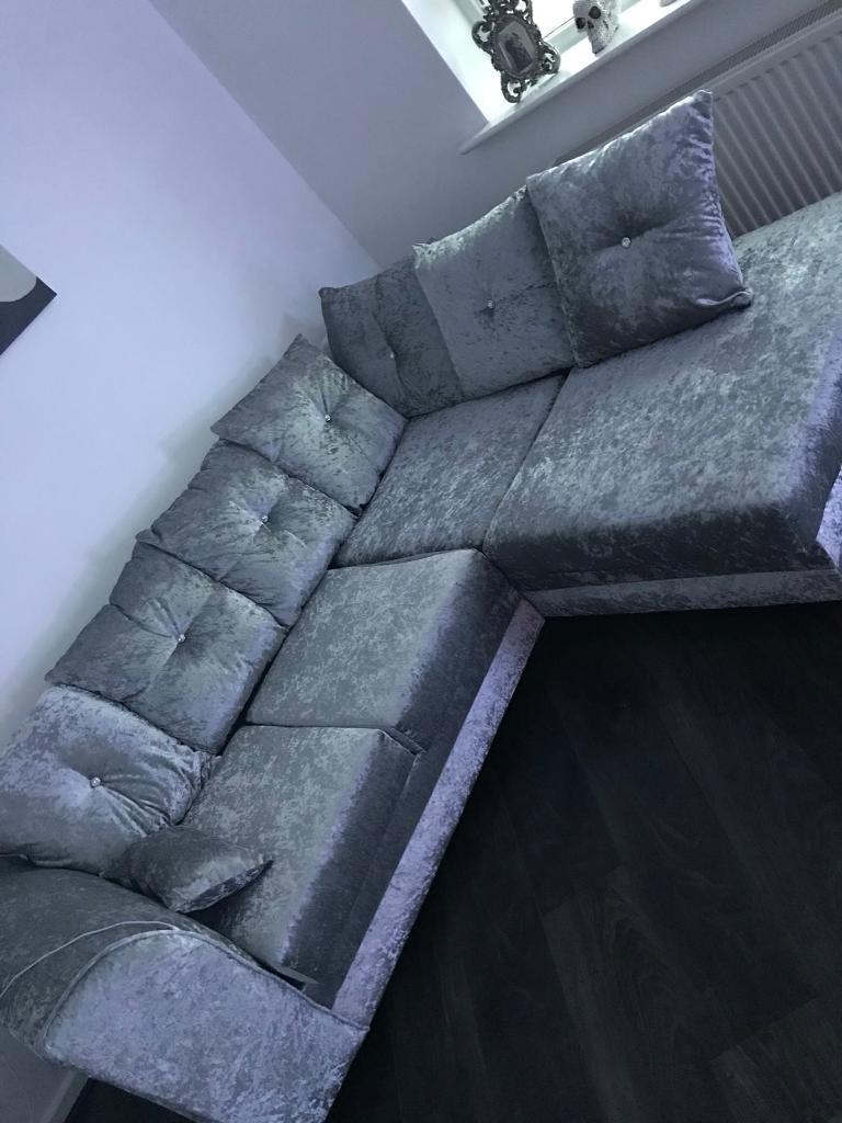 Crushed velvet silver Diamante corner sofa | in Sandwell, West Midlands