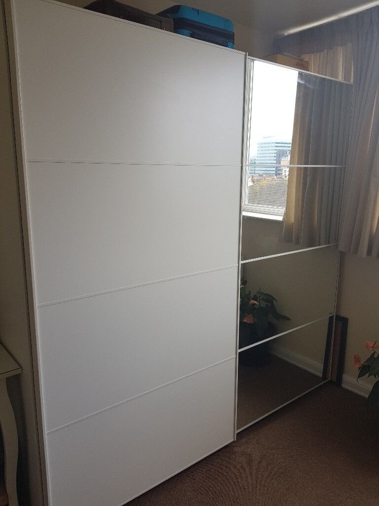 Ikea PAX White panel & mirror sliding doors wardrobe ...