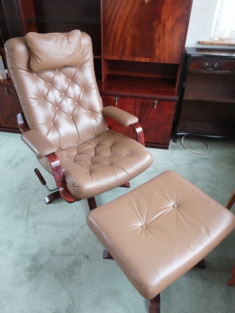 Light Brown Tan Swivel Recliner Chair and Footstool by Reid Furniture