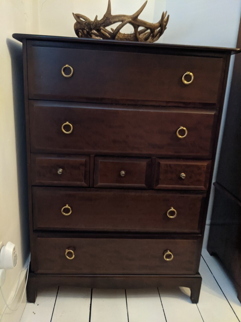 Stag Minstrel Bedroom Furniture - Mahogany Drawers/Tallboy + Bedside
