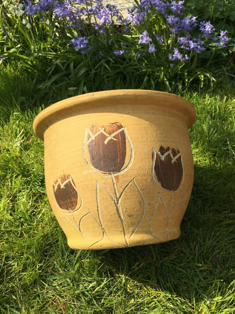 Vintage Large French Beautifully Etched and Glazed Tulip Ceramic Rimmed