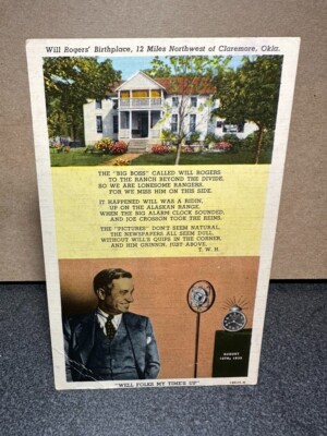 1938 Birthplace Of Will Rogers Time Is Up Clock Long Beach CA Vintage Postcard