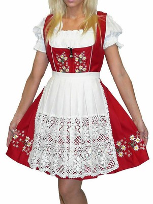 XS S M L XL 2XL Short Red Swing Dirndl Dress German Oktoberfest EMBROIDERED 3 Pc