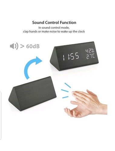 Wooden Alarm Clock LED Digital Time Temperature Humidity Display Voice Control.
