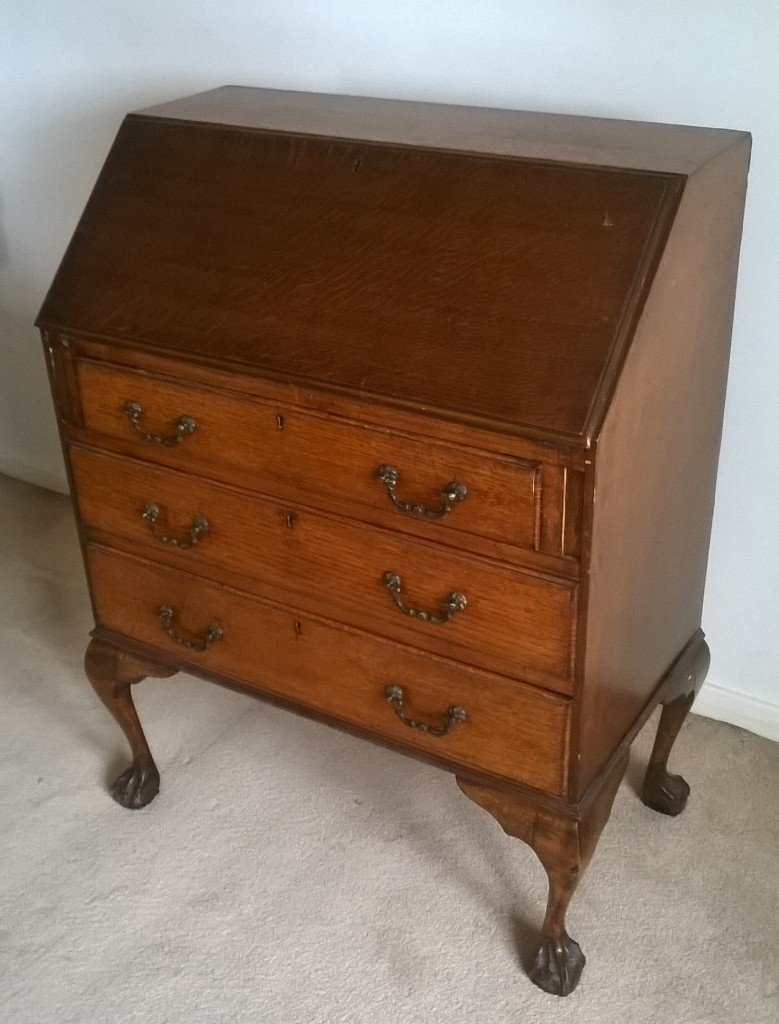 Antique Writing Bureau Solid Oak Drop Leaf desk with 3 in good