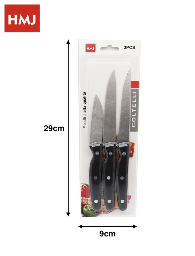 Set 3 Pezzi Coltelli Da Tavola Acciaio Manico Varie Lunghezze Cucina hmj