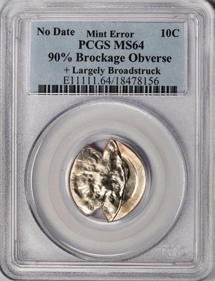PCGS MS64 Huge Mushroom Broadstruck 90% Brockage Dime Mint Error Reverse Rainbow